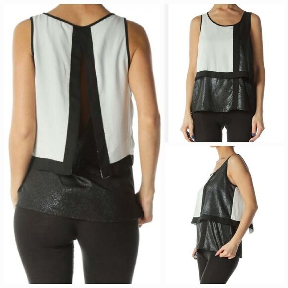 Express Black Cream Silver Color Block Metallic Open Back Sleeveless Work Blouse - Picture 2 of 11